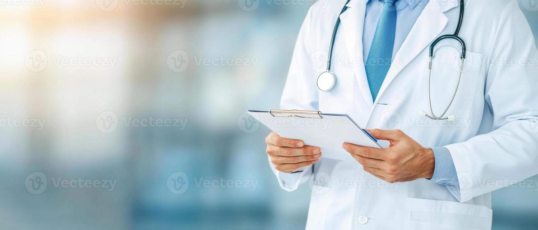 healthcare professional in white coat holds clipboard, preparing to document important notes. setting conveys sense of professionalism and care photo