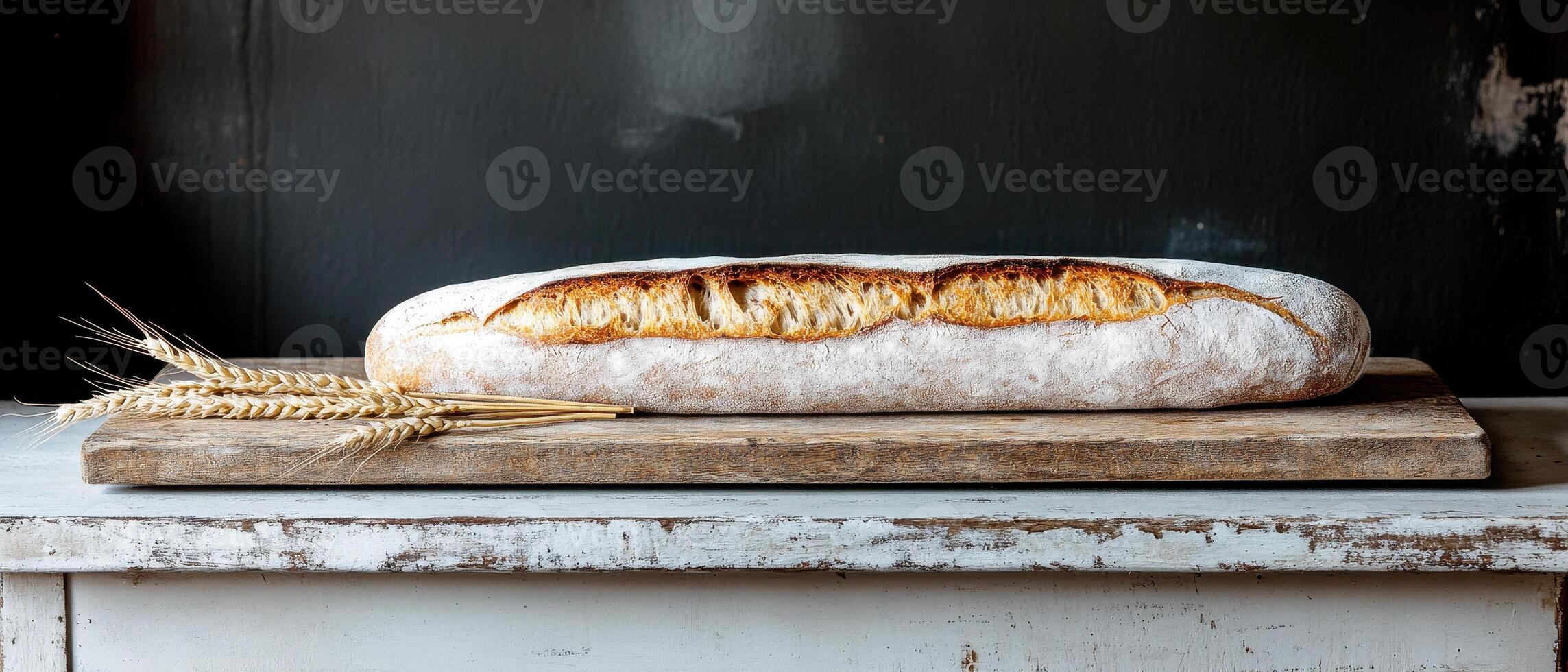 Artisan bread loaf resting on wooden board with wheat stalks, showcasing its crusty texture and rustic charm. Perfect for culinary themes and baking inspiration photo