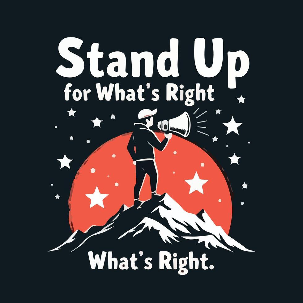 a t-shirt design with a man stands on a mountain vector