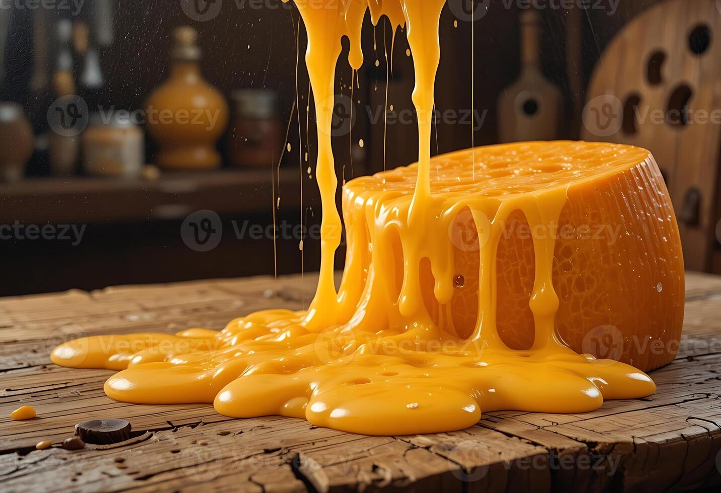Melting Cheese Wheel Dripping Rustic Wooden Table Background photo
