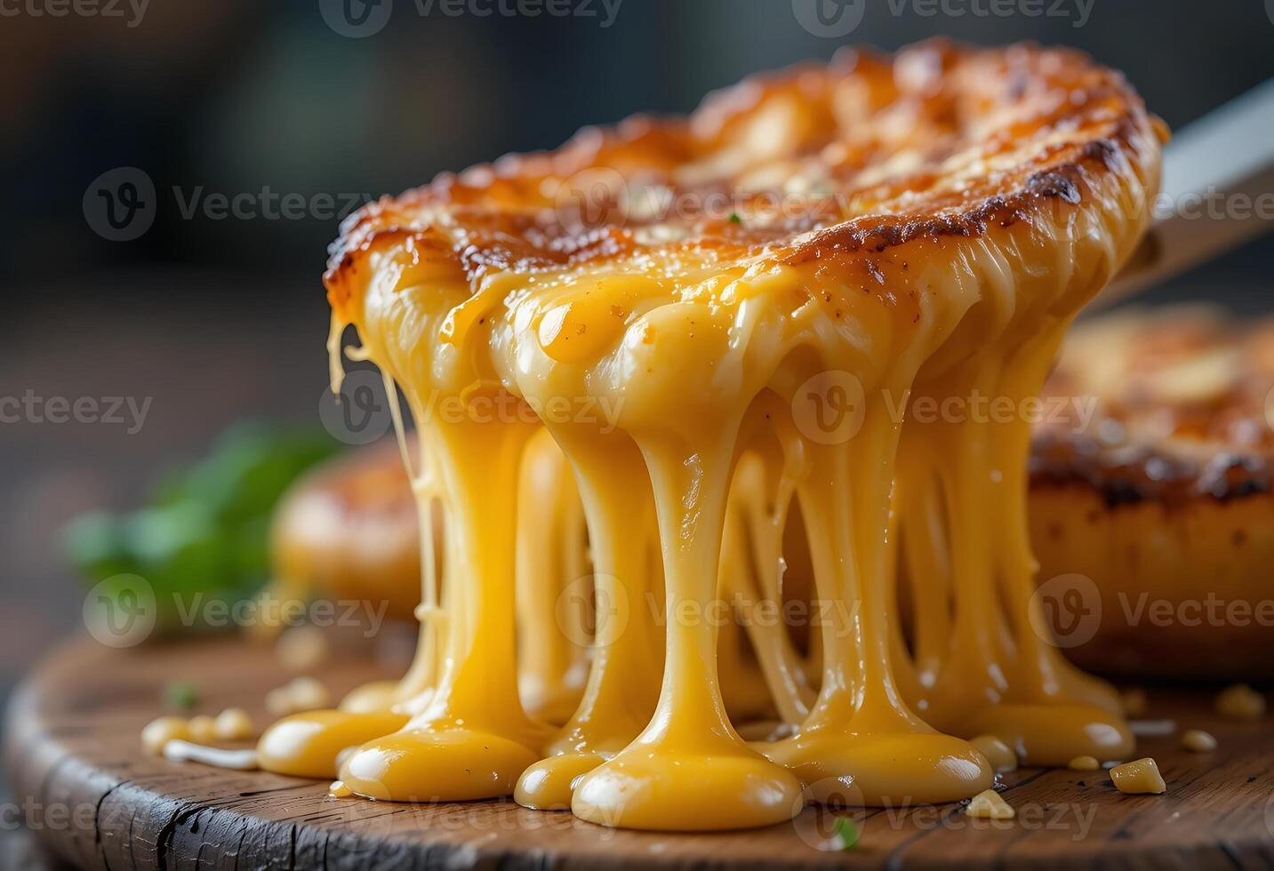 Melting Cheese Baked Dish Golden Brown Crust Dripping Deliciously Wooden Board photo