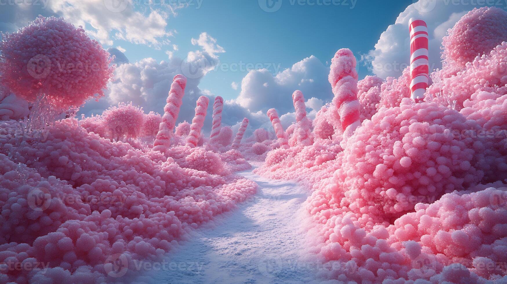 Whimsical scene of candy wonderland with bright candy canes colorful sugar crystals and oversized gummy bears under a clear sky photo