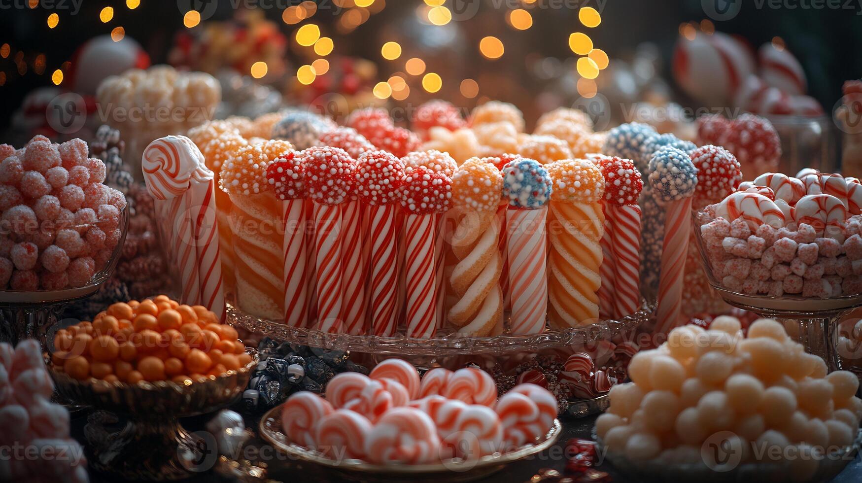 Whimsical display of colorful candy canes glittering sugar crystals assorted sweet treats arranged on a festive table photo