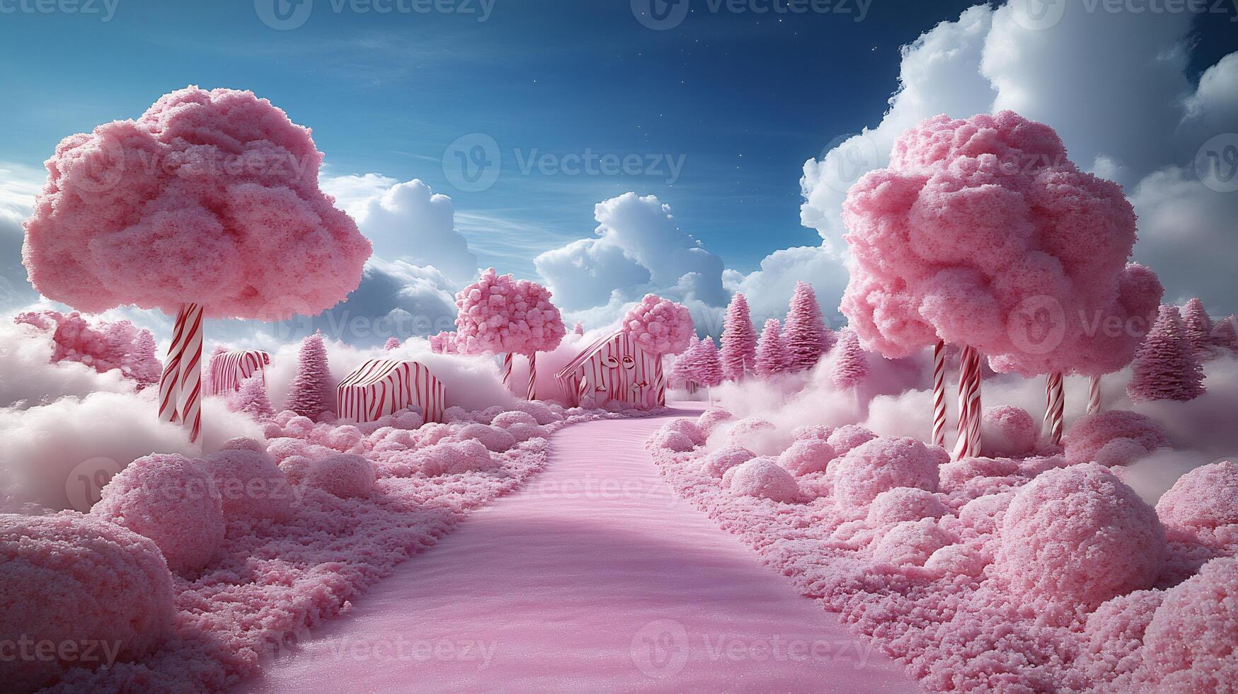 Whimsical scene of candy wonderland with giant candy canes colorful cotton candy clouds and sparkling candy trees photo