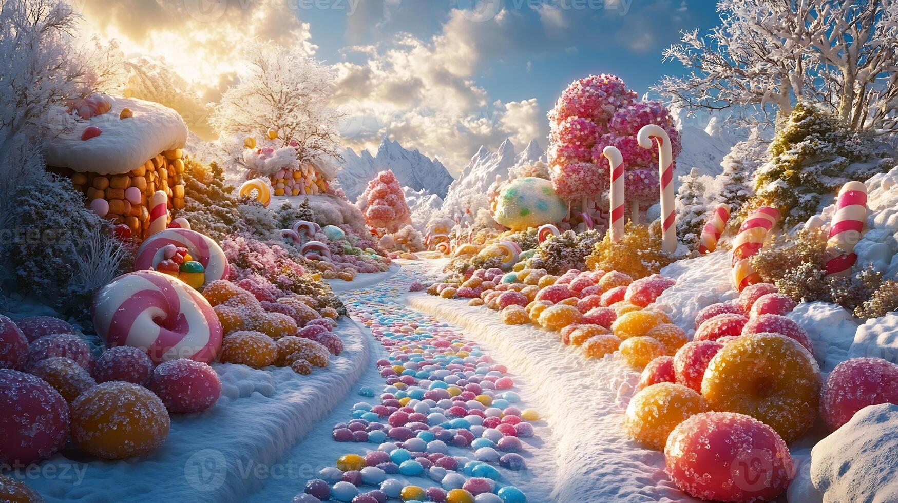 Whimsical candyland scene colorful gumdrops sparkling lollipops and candy canes arranged in a magical landscape photo