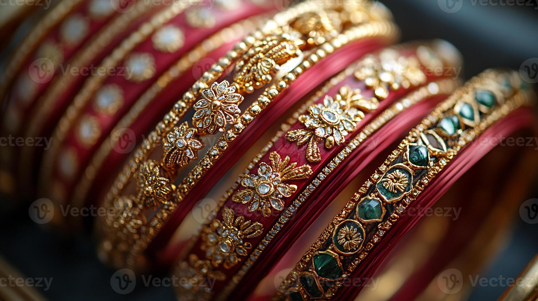 Traditional set of bridal bangles made red lacquer and embellished with golden motifs worn by Punjabi women in India symbolizing marital bliss photo