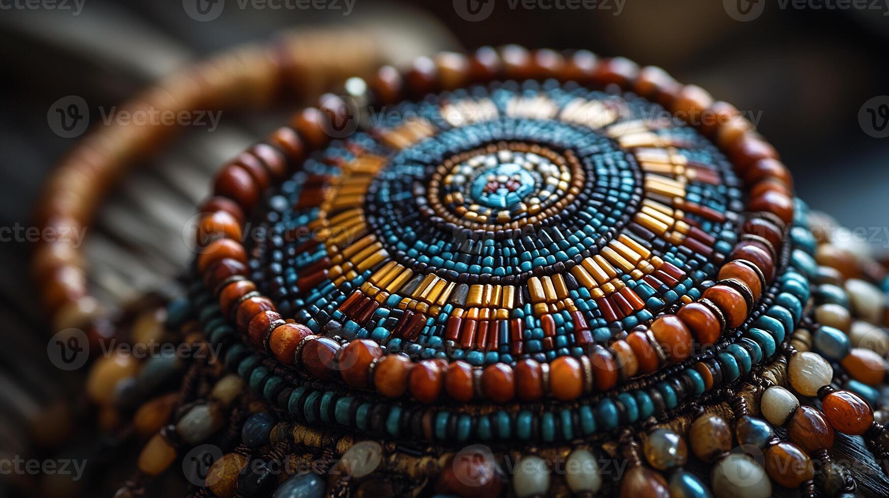 Set of 'Cherokee' inspired jewelry featuring intricate beadwork symbols worn by women in Native American cultures representing their connection to nature and the spirit world photo