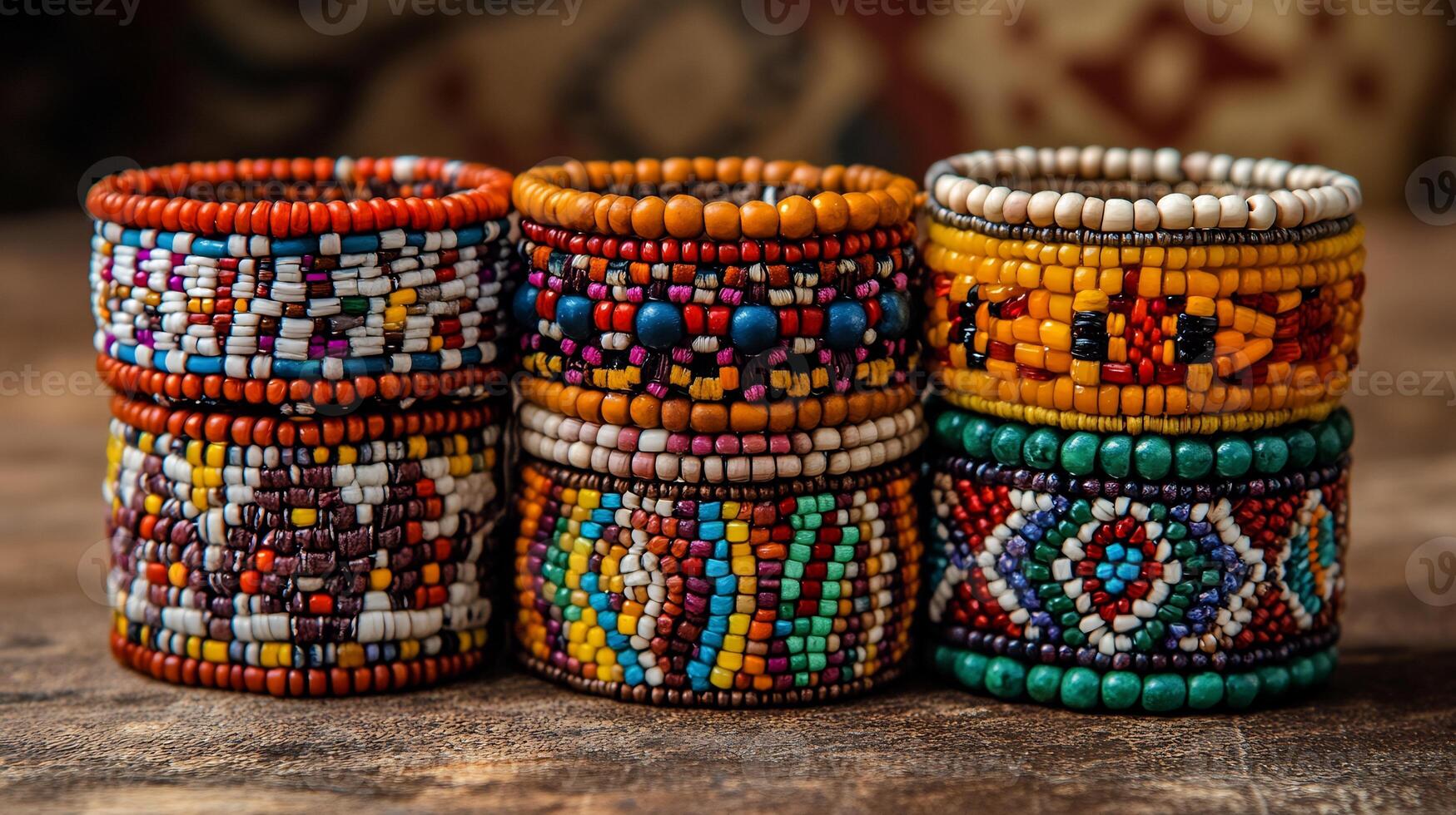 Set of 'Cherokee' beadwork bracelets featuring traditional designs motifs worn by women in Native American cultures representing their connection to the land and cultural heritage photo