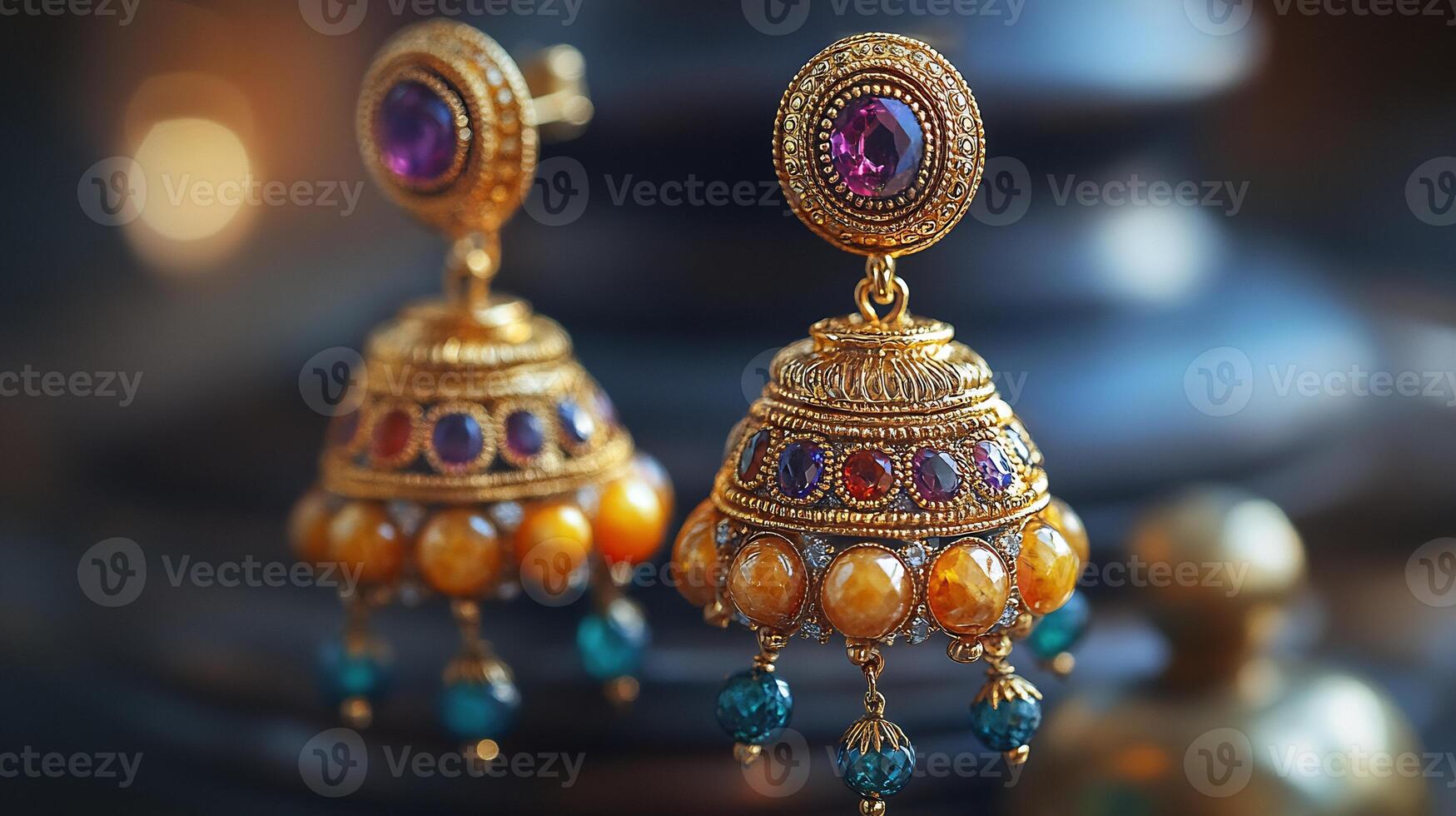 Pair of ornate golden earrings known 'Dormilonas' popular in Spanish culture especially in Andalusia featuring intricate designs and dangling gemstones photo