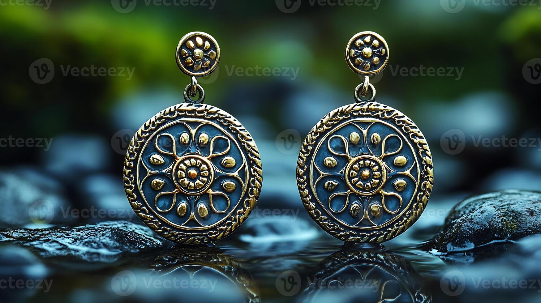 Pair of 'Scandinavian' silver earrings featuring traditional designs motifs worn by women in Norway and Sweden symbolizing their connection to the land and cultural heritage photo