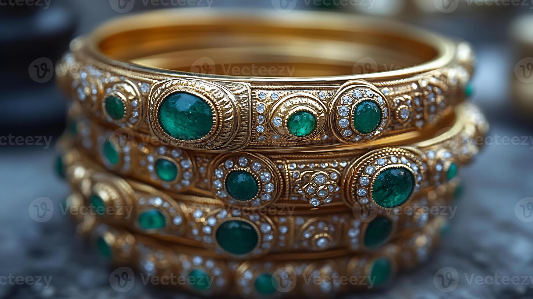Delicate set of traditional 'Kada' bangles crafted gold and embellished with emeralds worn by Sikh women in Punjab India symbolizing strength and beauty photo