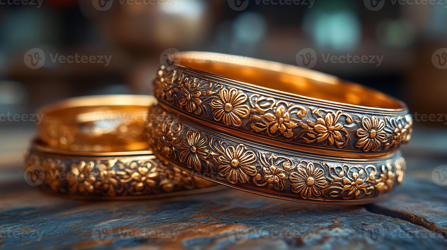 Delicate set of gold bangles adorned intricate filigree designs traditionally worn by Indian brides during weddings reflecting the rich heritage of Indian culture photo