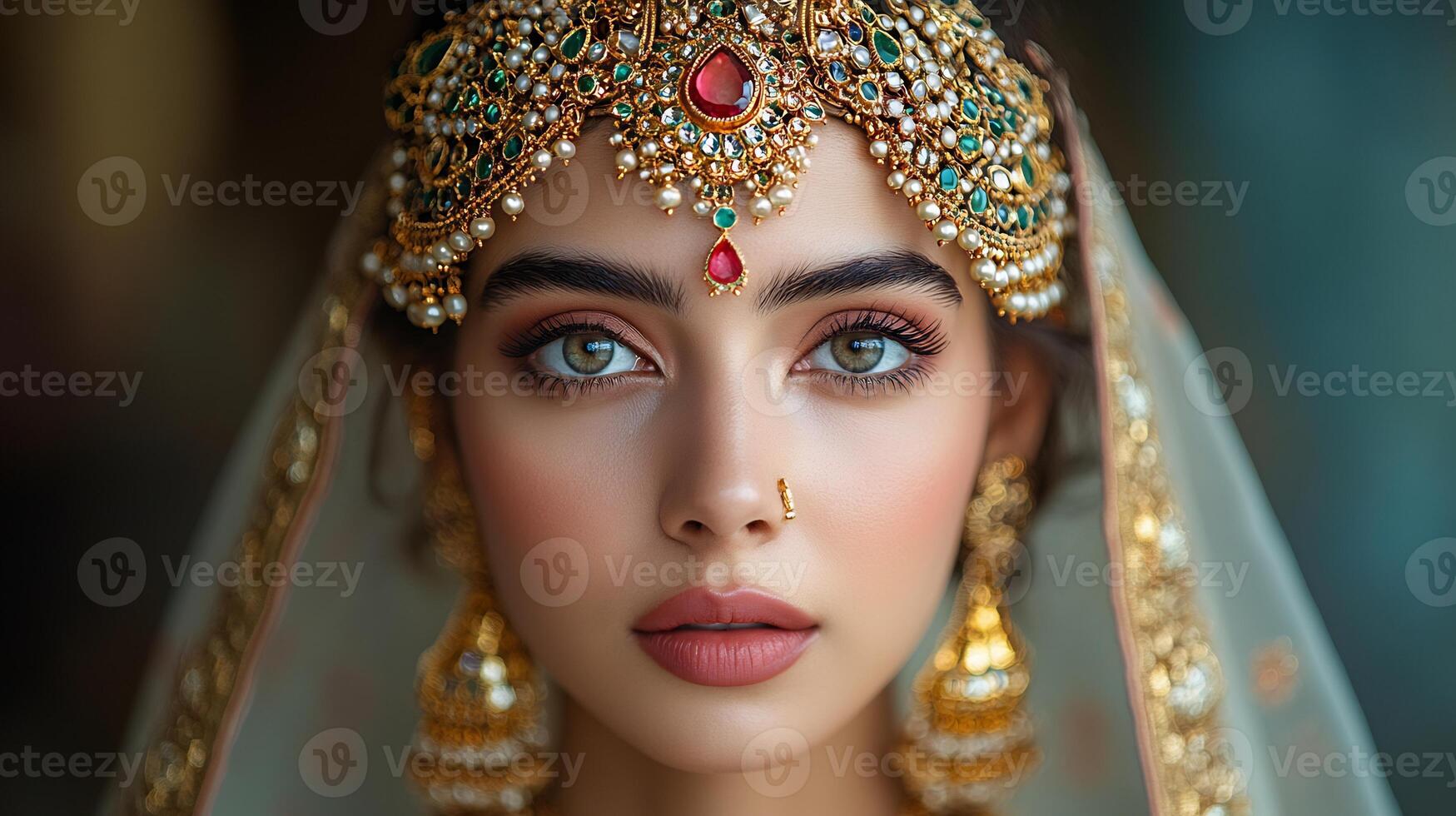 Beautifully carved 'Maang Tikka' headpiece set sparkling gemstones worn by Indian brides across different regions symbolizing their marital status photo