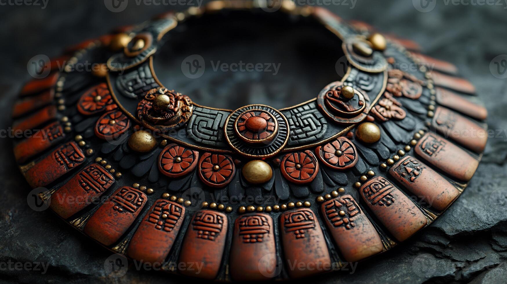 Beautifully crafted 'Aztec' inspired necklace featuring symbols patterns from ancient Mexico worn by women in Mesoamerican cultures representing their connection to the gods photo