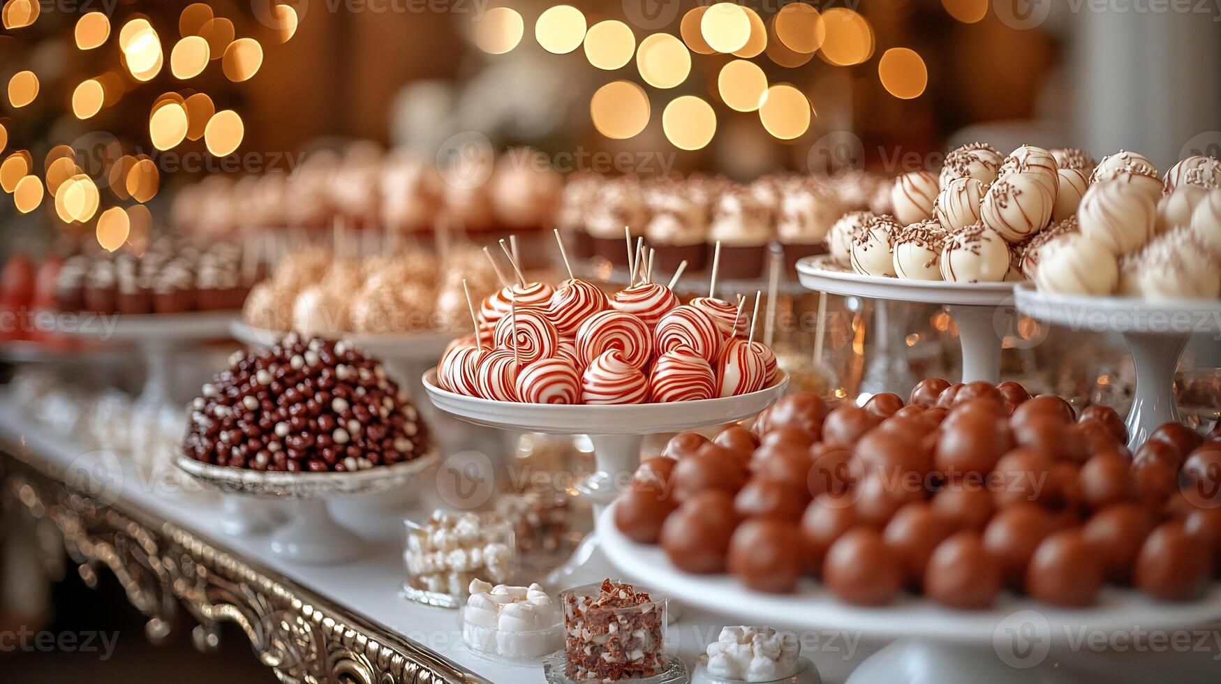 Elegant arrangement of gourmet lollipops chocolate truffles sweet candies displayed on a decorative table with soft lighting photo