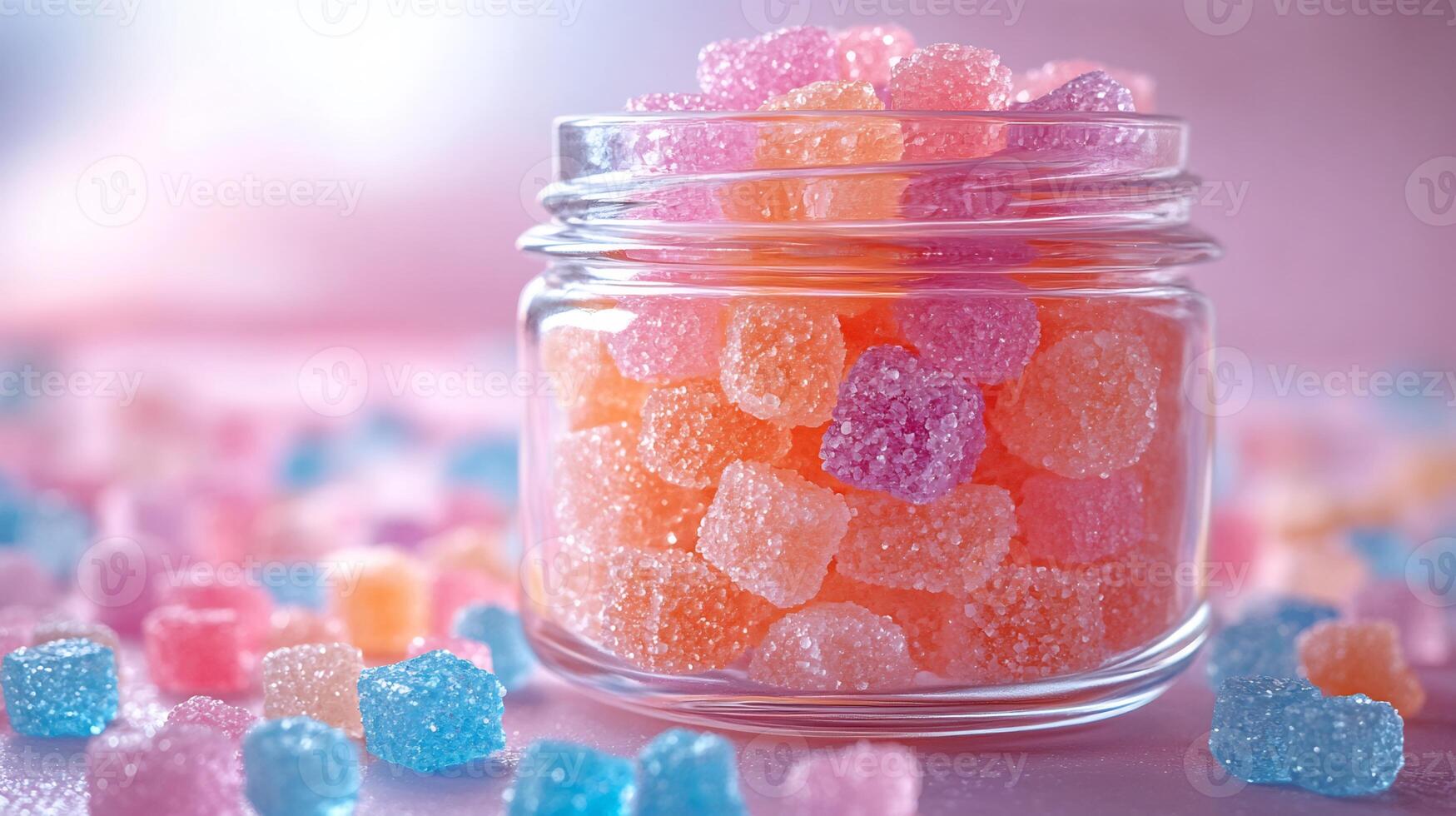 Antique candy jar filled delicate sugar cubes and colorful rock candy crystals against a soft pastel background photo
