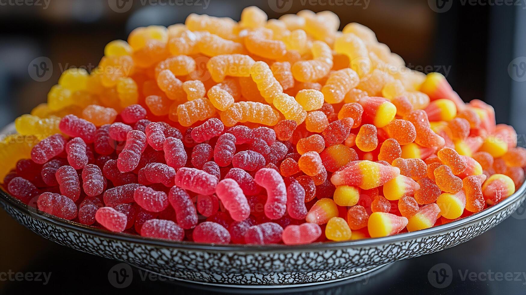 Delightful display of vibrant gummy worms colorful candy corn sweet caramel treats arranged on a decorative platter photo