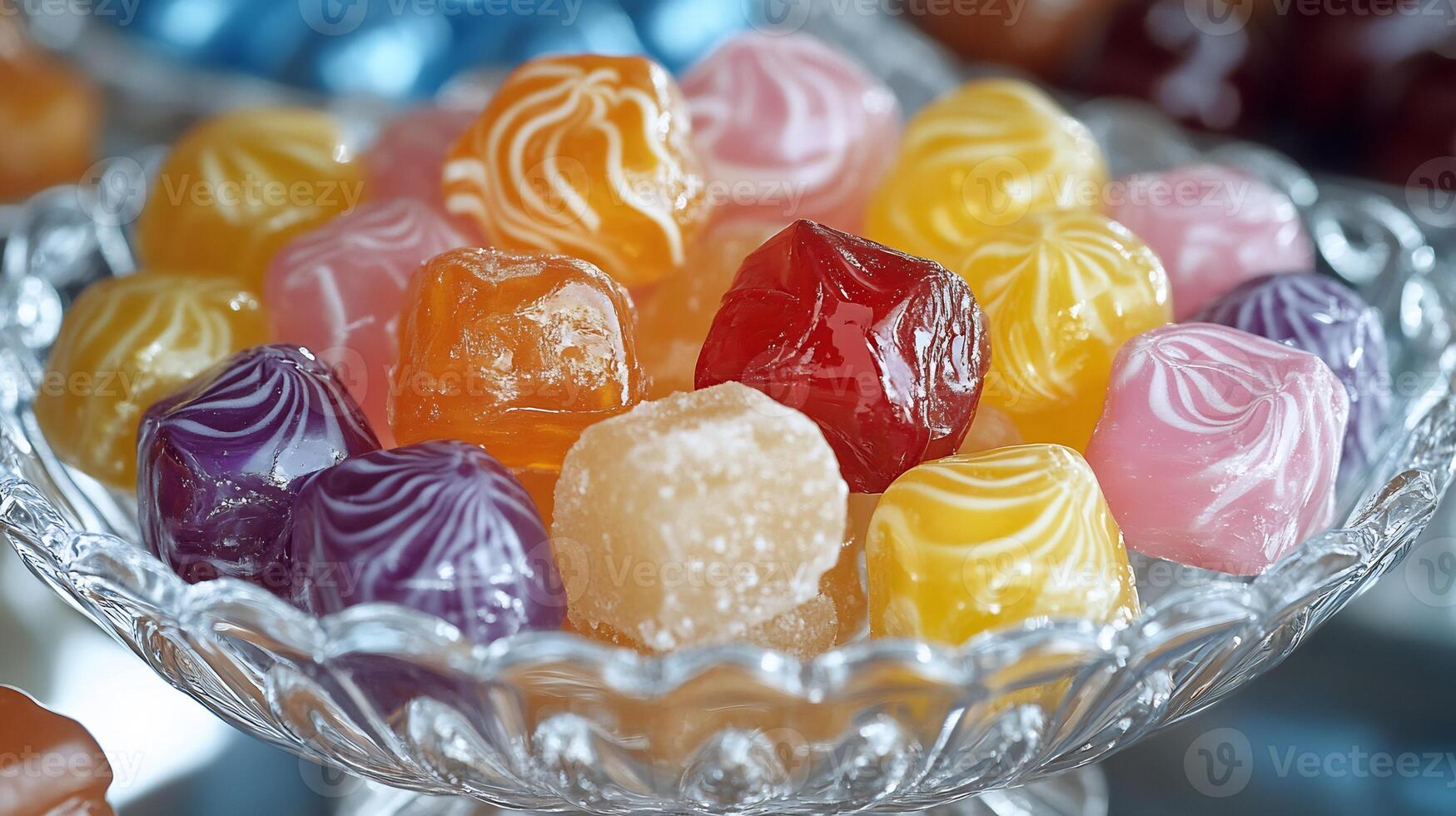 Closeup of assorted flavored taffy candies displayed a crystalclear glass bowl with delicate light reflections photo