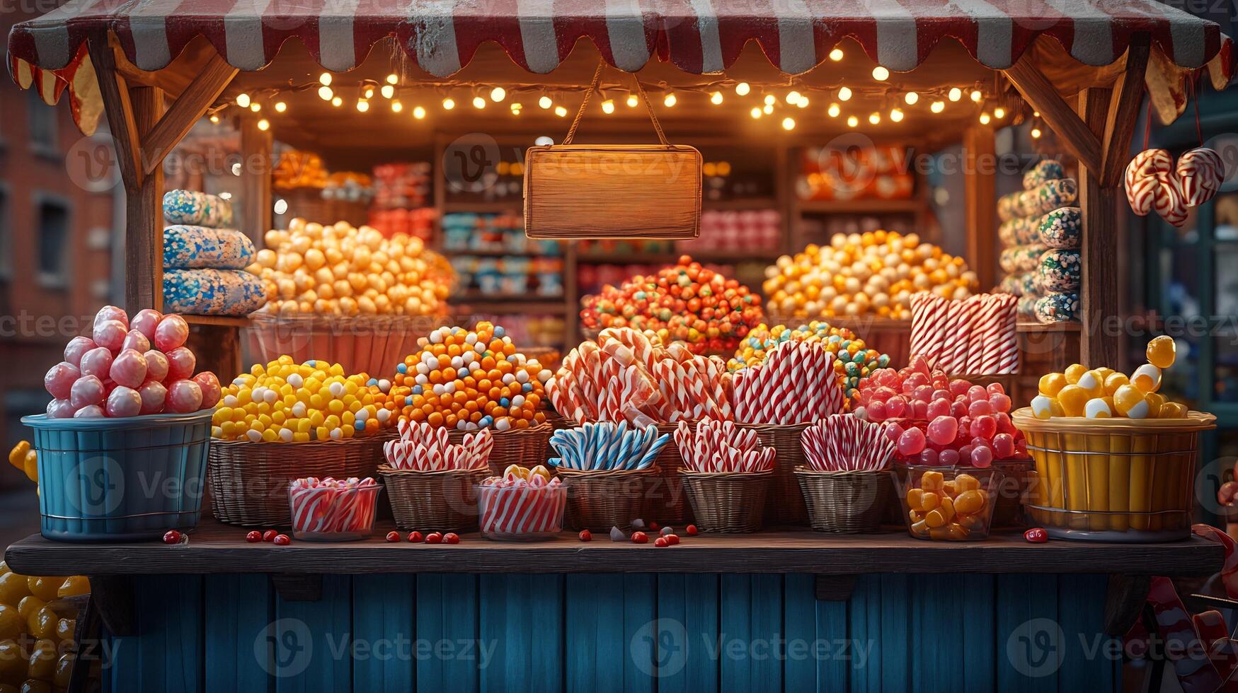 Charming candy stall displaying colorful candy corn gummy worms striped candy canes in a fun festive market setting photo