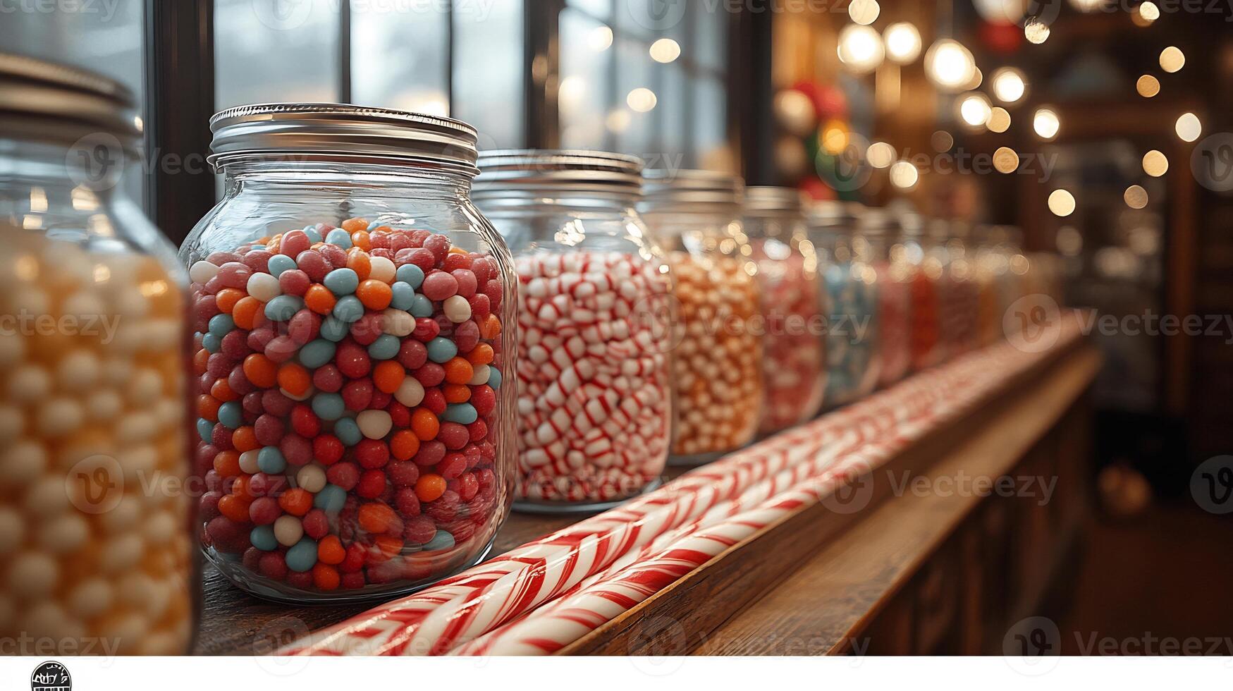 Charming candy store display featuring jars of vibrant jelly beans striped candy canes in a cozy shop setting photo