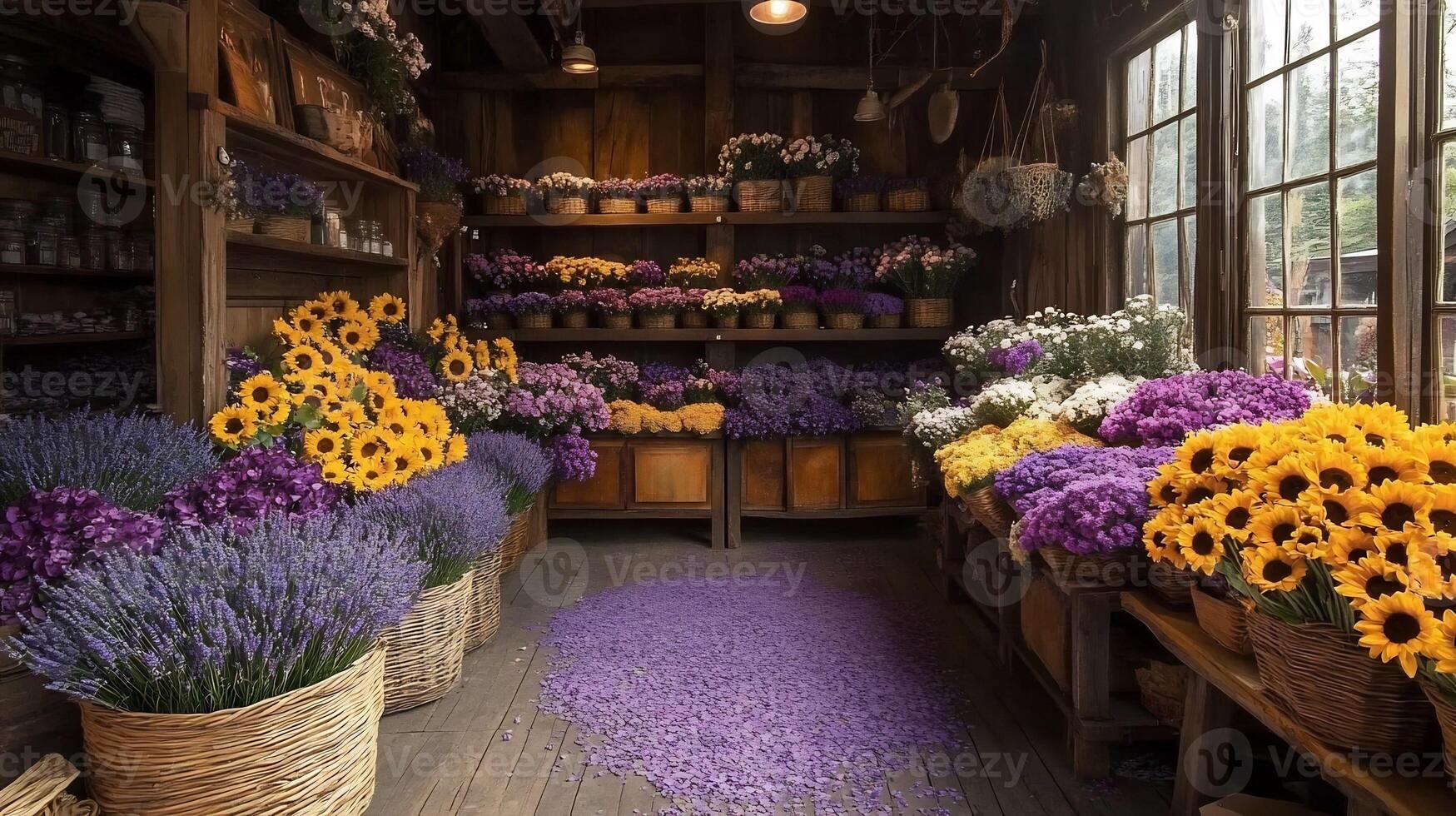 Rustic flower shop featuring bouquets of lavender jasmine and sunflowers Blossom petals scattered on wooden counters Fragrant air fills the cozy countrystyle setting photo
