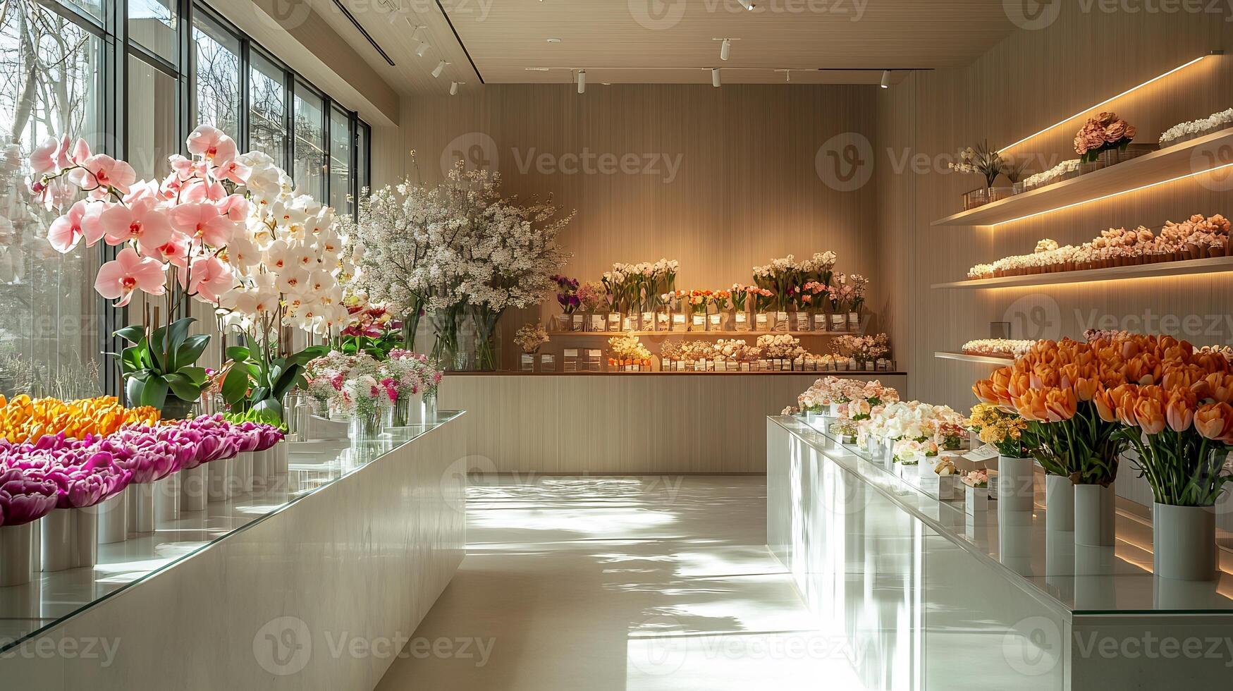 Modern flower shop with minimalistic design featuring orchids tulips and peonies Blossom petals neatly arranged on glass counters Fragrant air swirls through the bright and sleek interior photo
