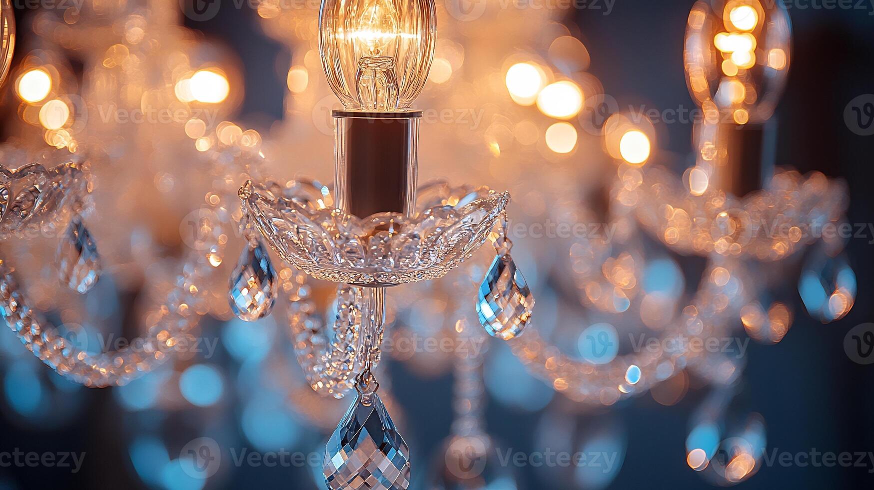 Elegant crystal chandelier illuminates room with multiple glowing bulbs refracting soft light through crystal accents and creating shimmering reflections photo