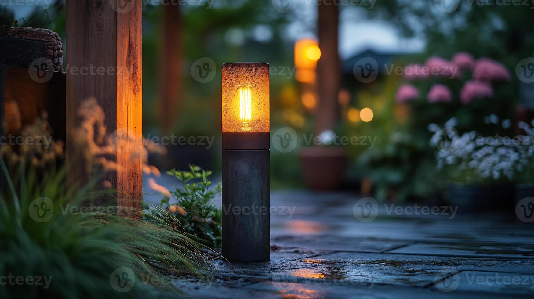 Outdoor lantern emits warm inviting light its glowing bulb the weathered metal frame adding charm while the soft glow creates a cozy ambiance outdoors photo