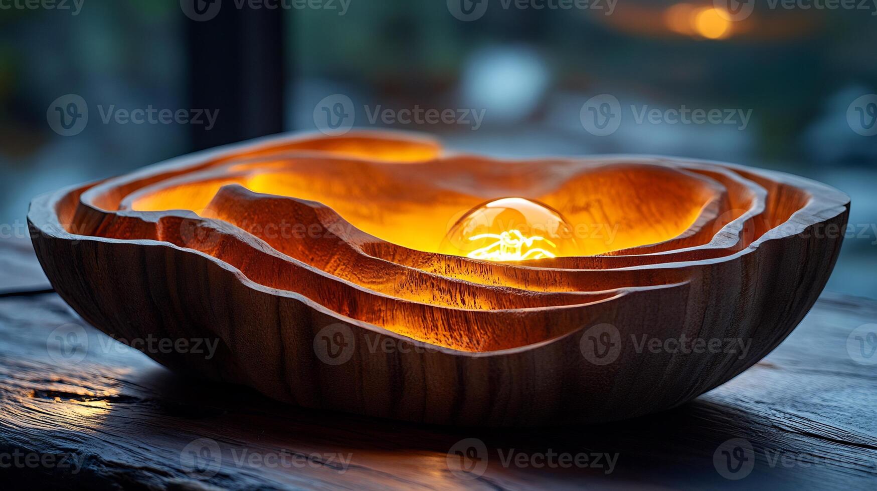 Closeup of rustic wooden lamp with the warm glow of its bulb highlighting the natural grain of the textured wood fixture casting cozy ambient light across the space photo