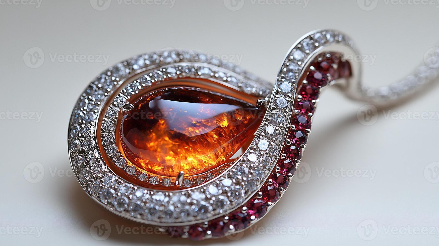 Pendant showcasing vivid fire opal with small diamonds and tourmalines in a flowing design closeup view capturing the gemstone textures on a clean white backdrop photo