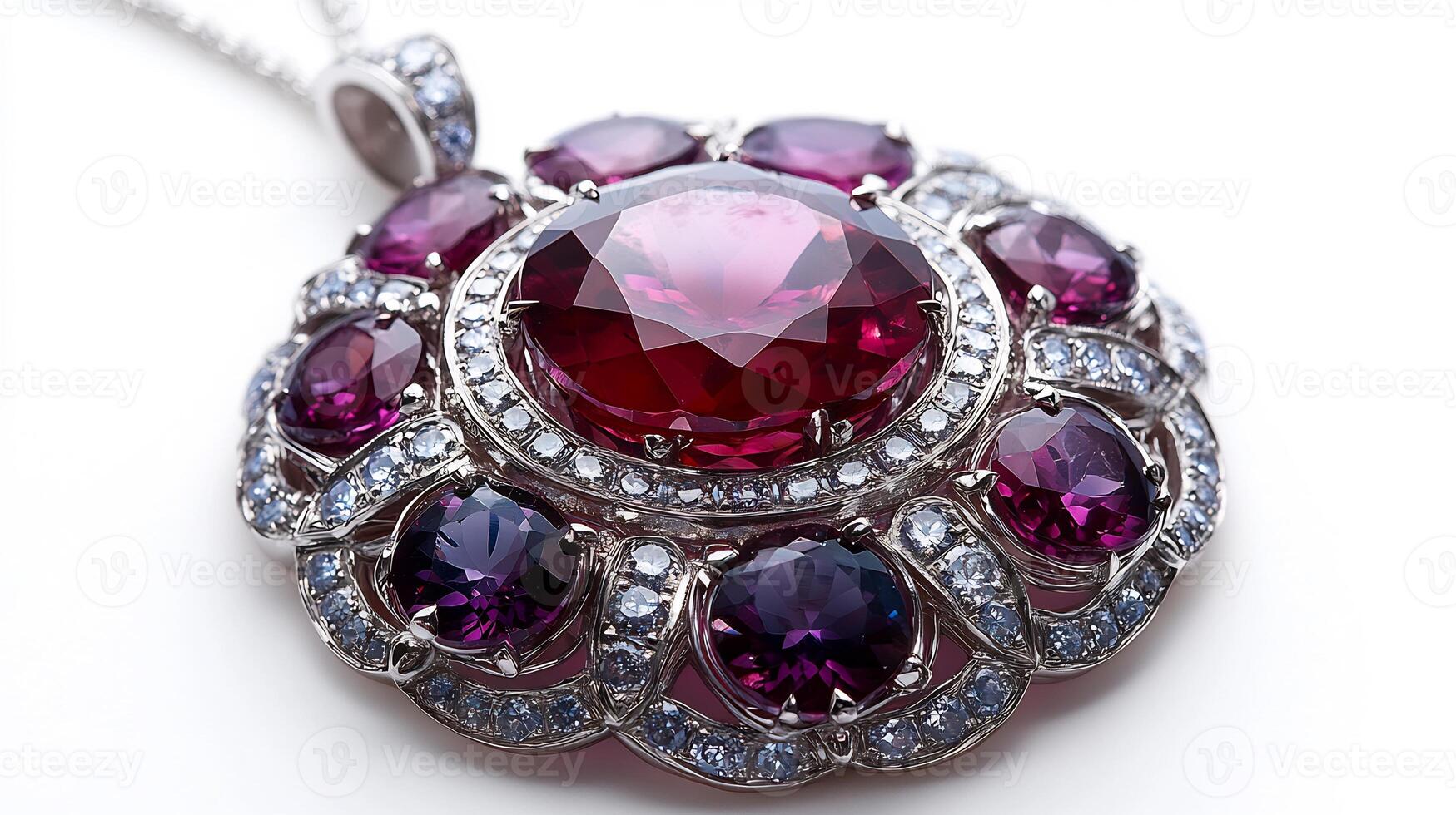 Pendant showcasing large ruby surrounded by intricate amethyst and diamond accents closeup shot capturing the gem textures against a pure white background photo