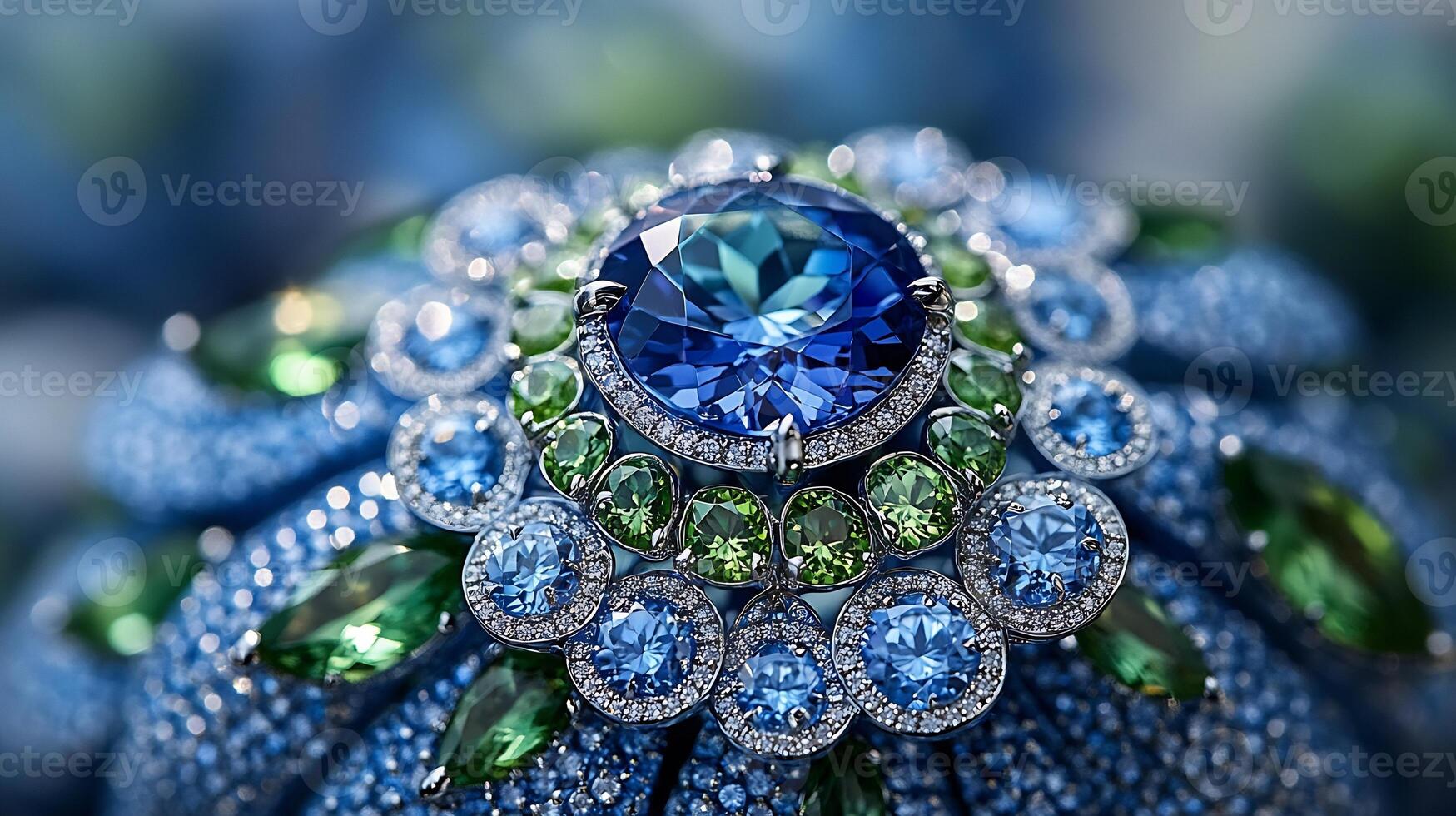 Pendant featuring vivid tanzanite gem surrounded by diamonds and peridots in a unique pattern closeup view highlighting the radiant gem arrangement against a white backdrop photo