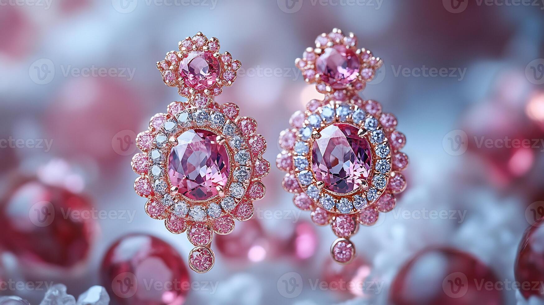 Pair of earrings delicate pink diamonds and sapphires shimmering under soft light closeup view capturing the intricate gemstone patterns on a white background photo