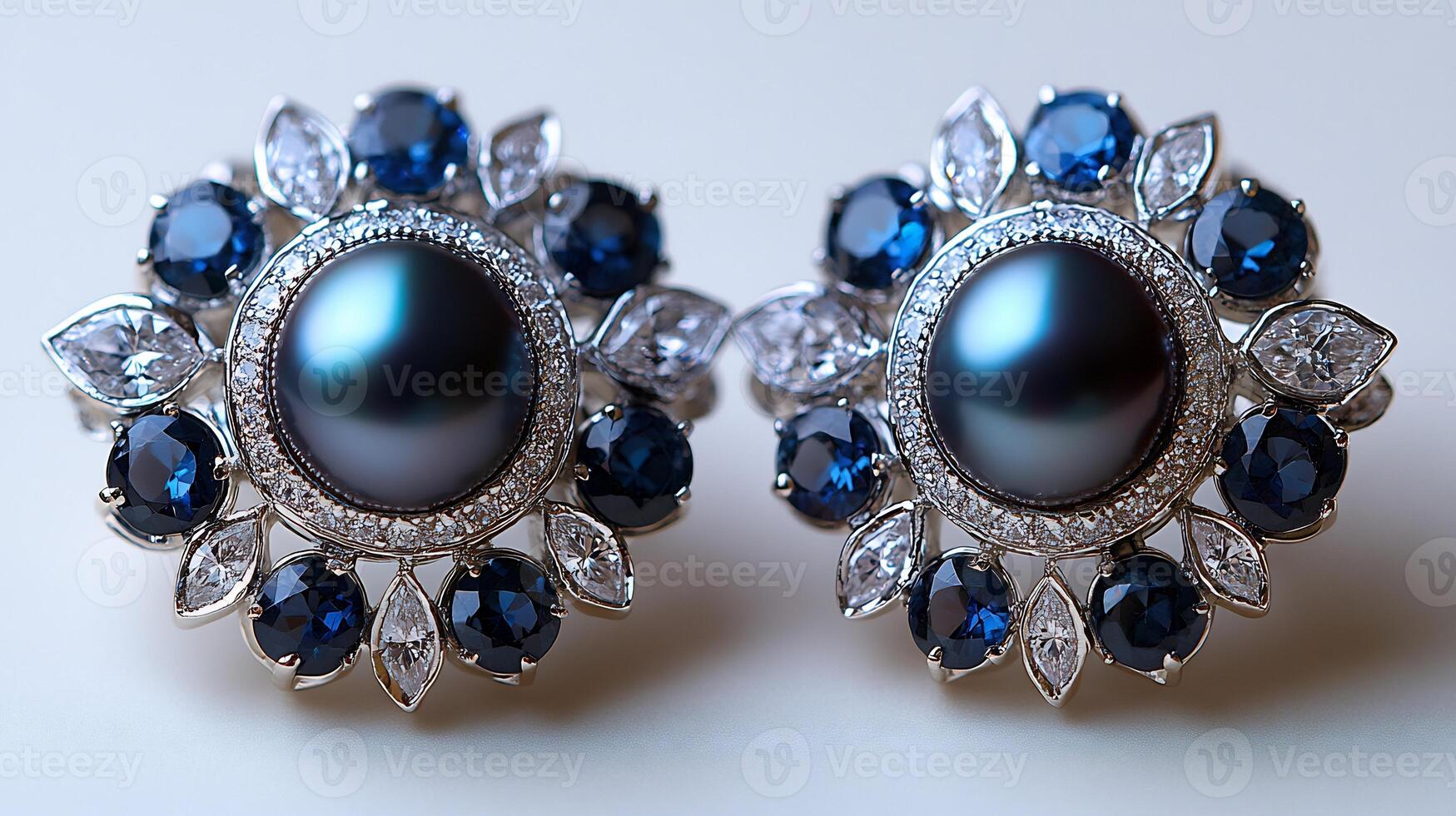 Pair of earrings featuring rare black pearls sapphires elegantly set in a silver frame closeup shot capturing the textures of each gem on a white background photo