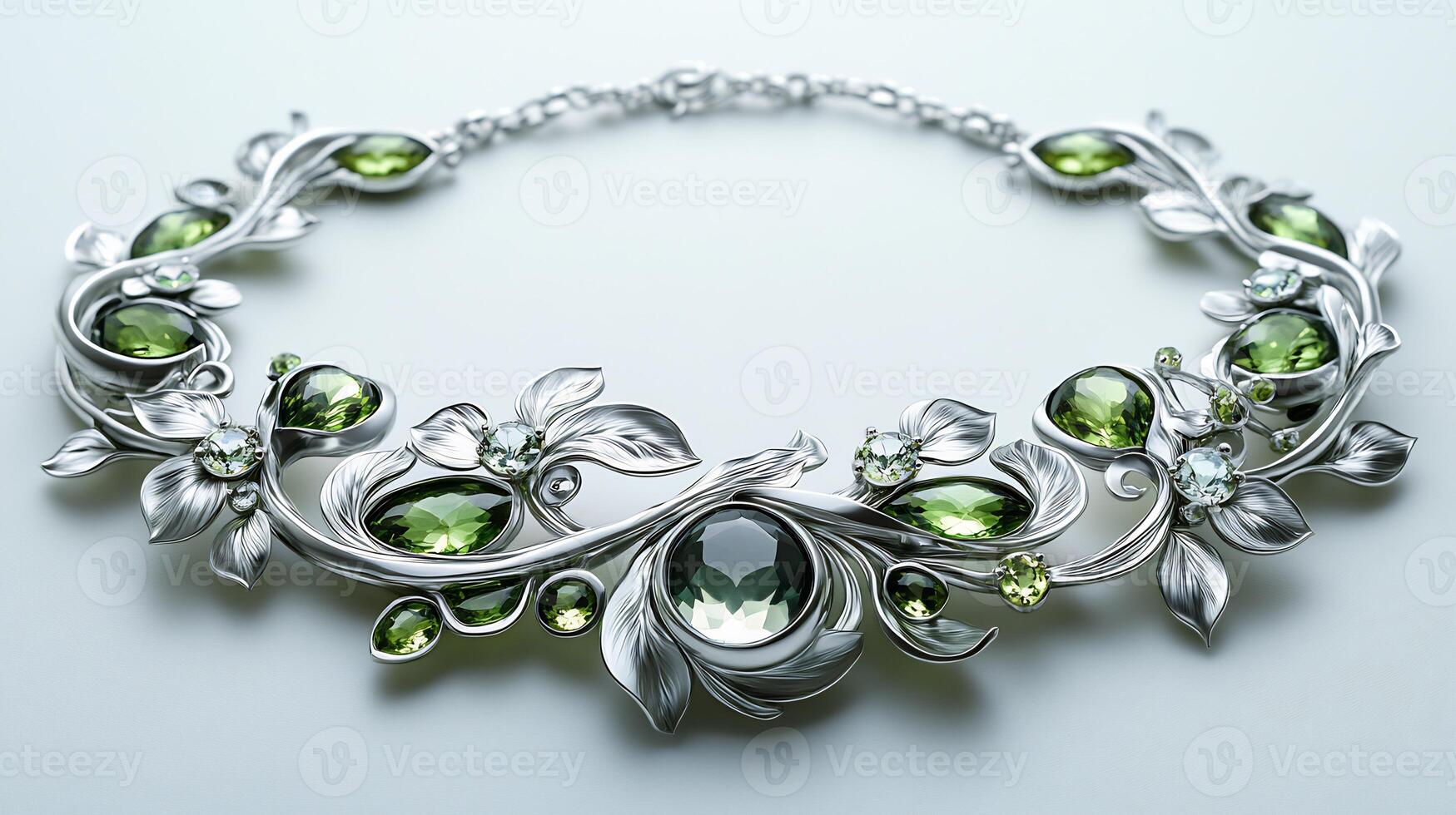 Necklace rare moonstone and peridot gems arranged in a flowing design closeup view focusing on the detailed gemstone textures on a clean white background photo