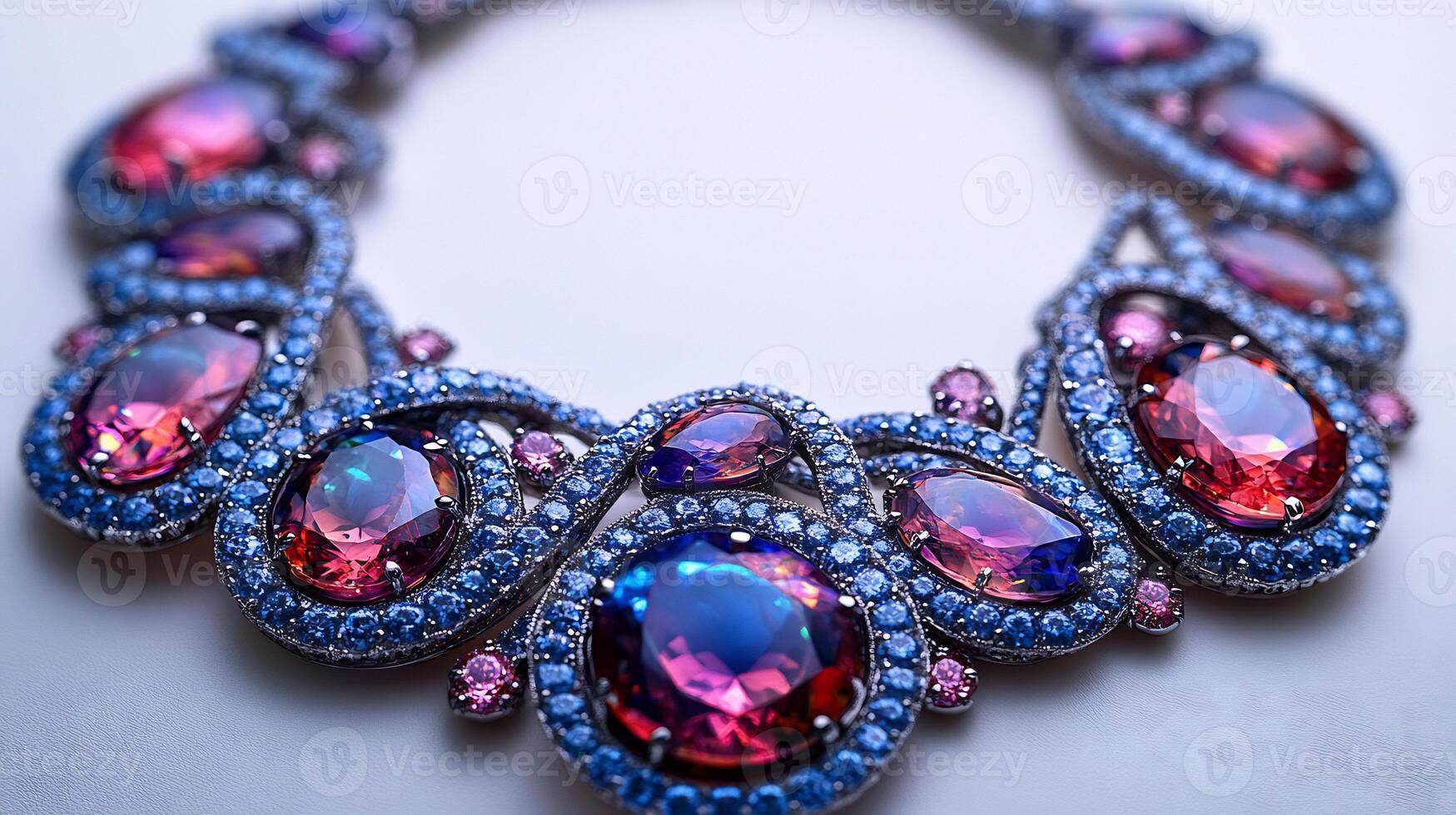Necklace designed large tanzanites and opal gems arranged in a flowing pattern closeup view capturing the shimmering stones against a clean white backdrop photo