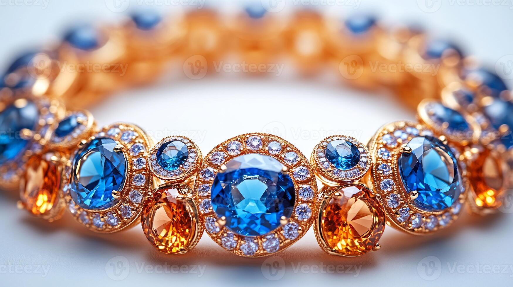 Elegant necklace designed shimmering topaz and sapphire gems intricately set in gold closeup shot capturing the gem patterns against a pure white backdrop photo