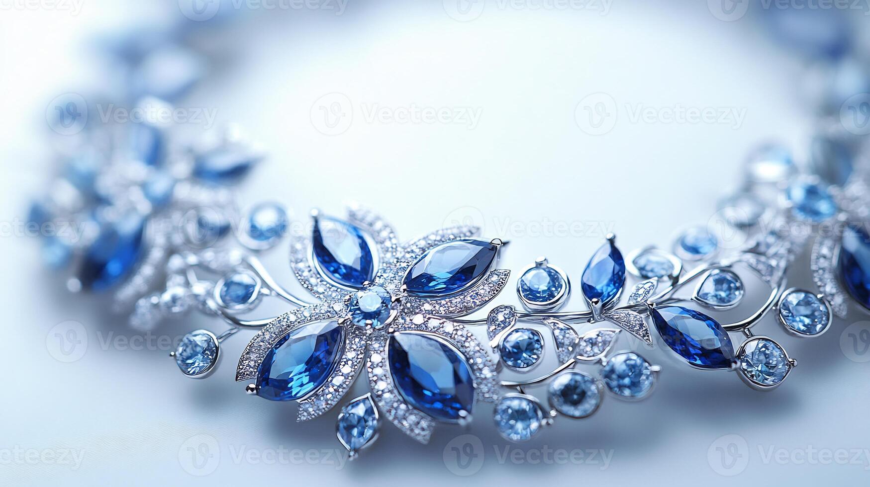 Elegant necklace adorned vibrant sapphires and diamonds glistening against a pure white background closeup field focusing on the intricate gem patterns photo