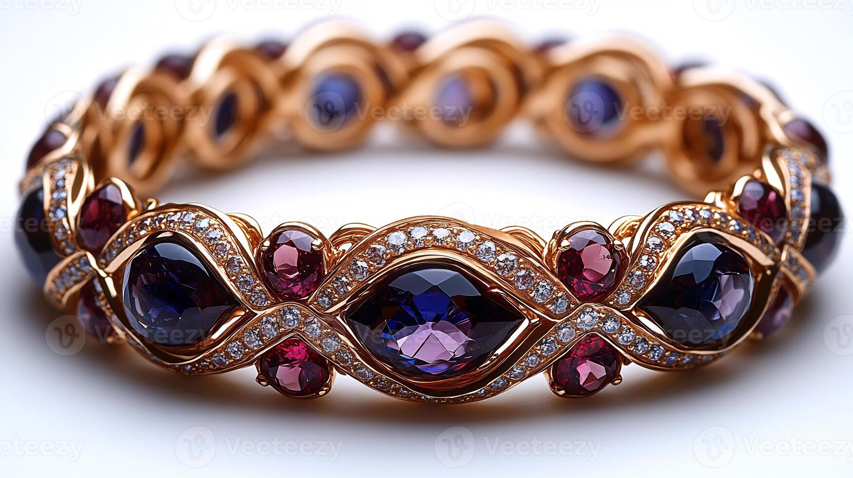 Elegant bracelet adorned rare tanzanites and garnets arranged in an abstract gold design closeup view capturing the intricate gemstone patterns against a clean white background photo