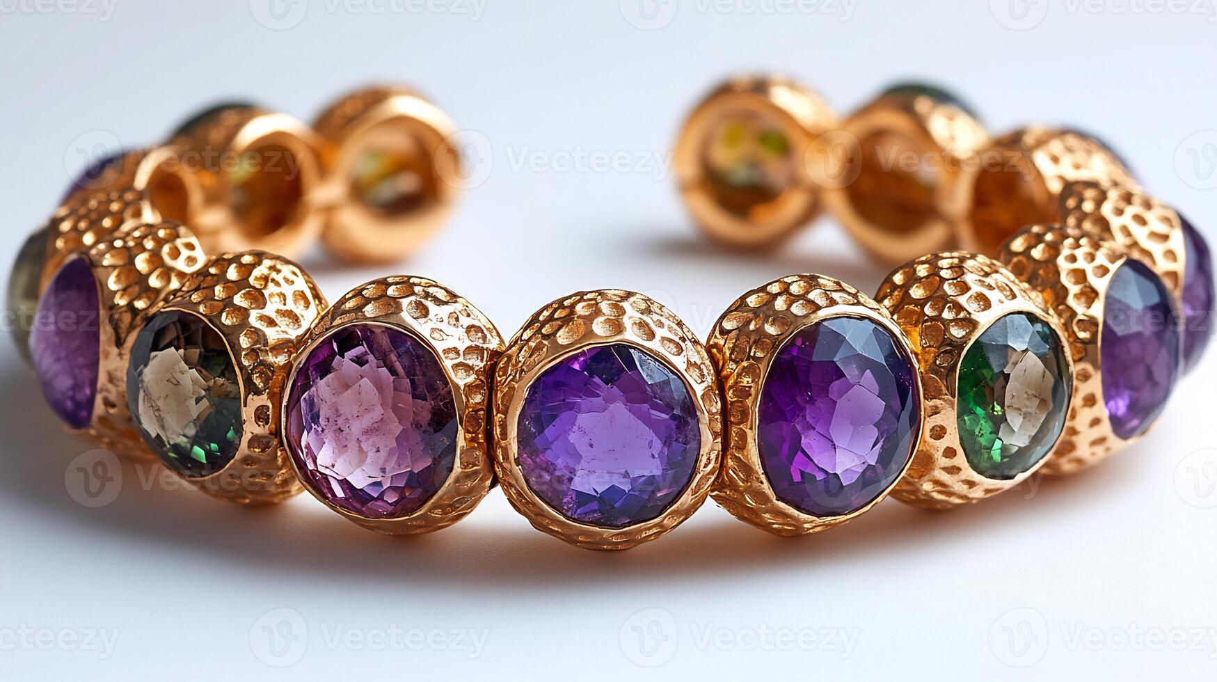 Elegant bracelet designed a series of large amethysts and peridots set in gold closeup view capturing the intricate textures of the stones on a white backdrop photo