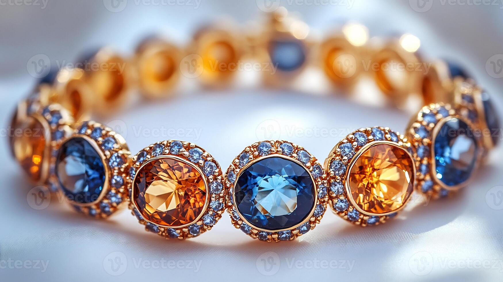 Elegant bracelet adorned large sapphires and citrine gems in a delicate gold chain closeup shot capturing the intricate gemstone textures on a white backdrop photo