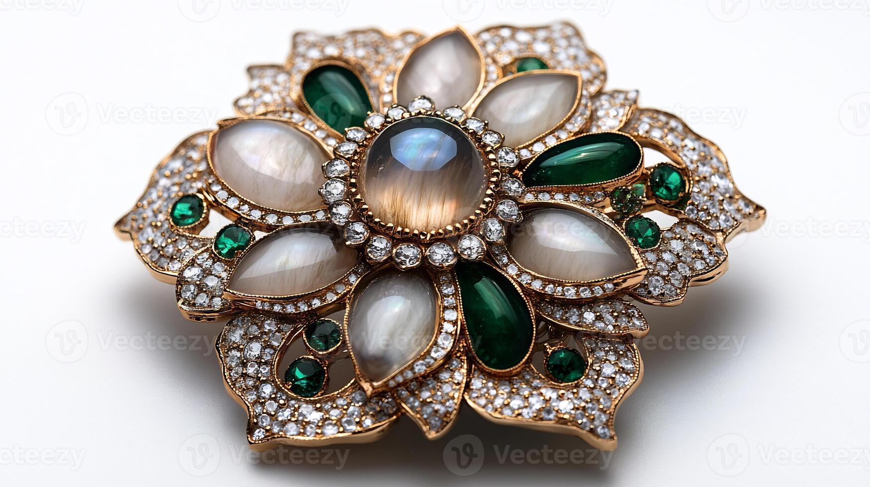 Brooch featuring combination of moonstone and emerald gems in a geometric design closeup view focusing on the gem details against a pure white background photo