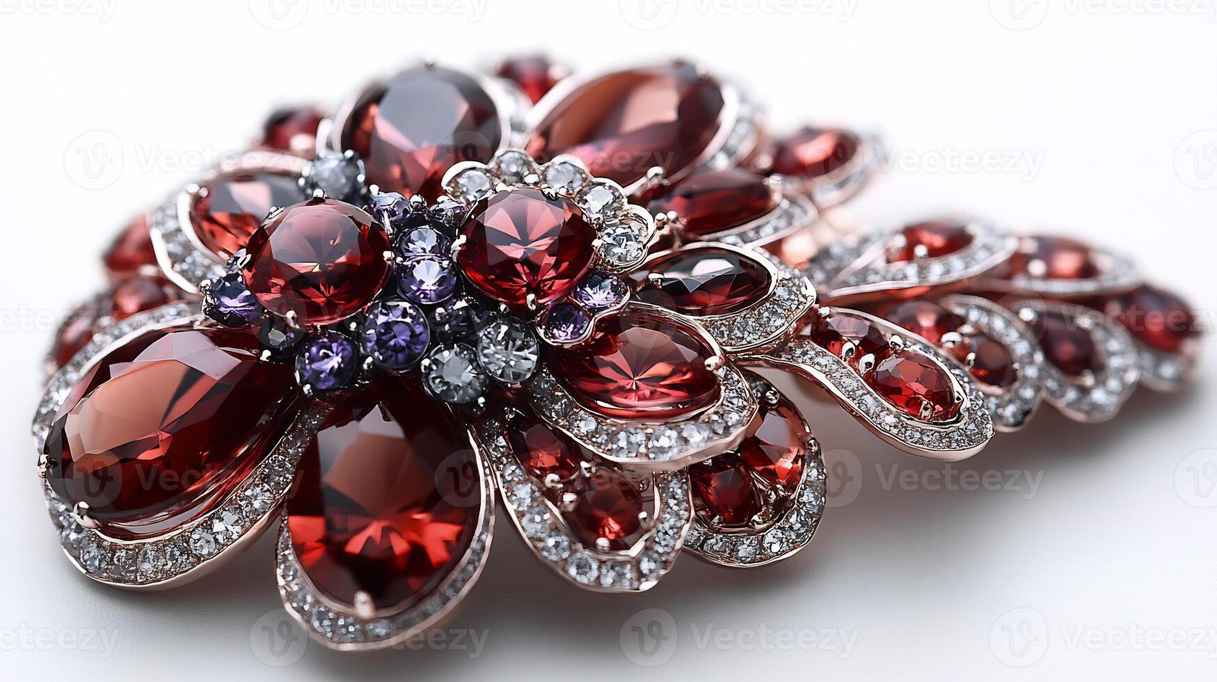 Brooch featuring bold garnet topaz gems arranged in a flowing pattern closeup field capturing the intricate details on a pristine white background photo