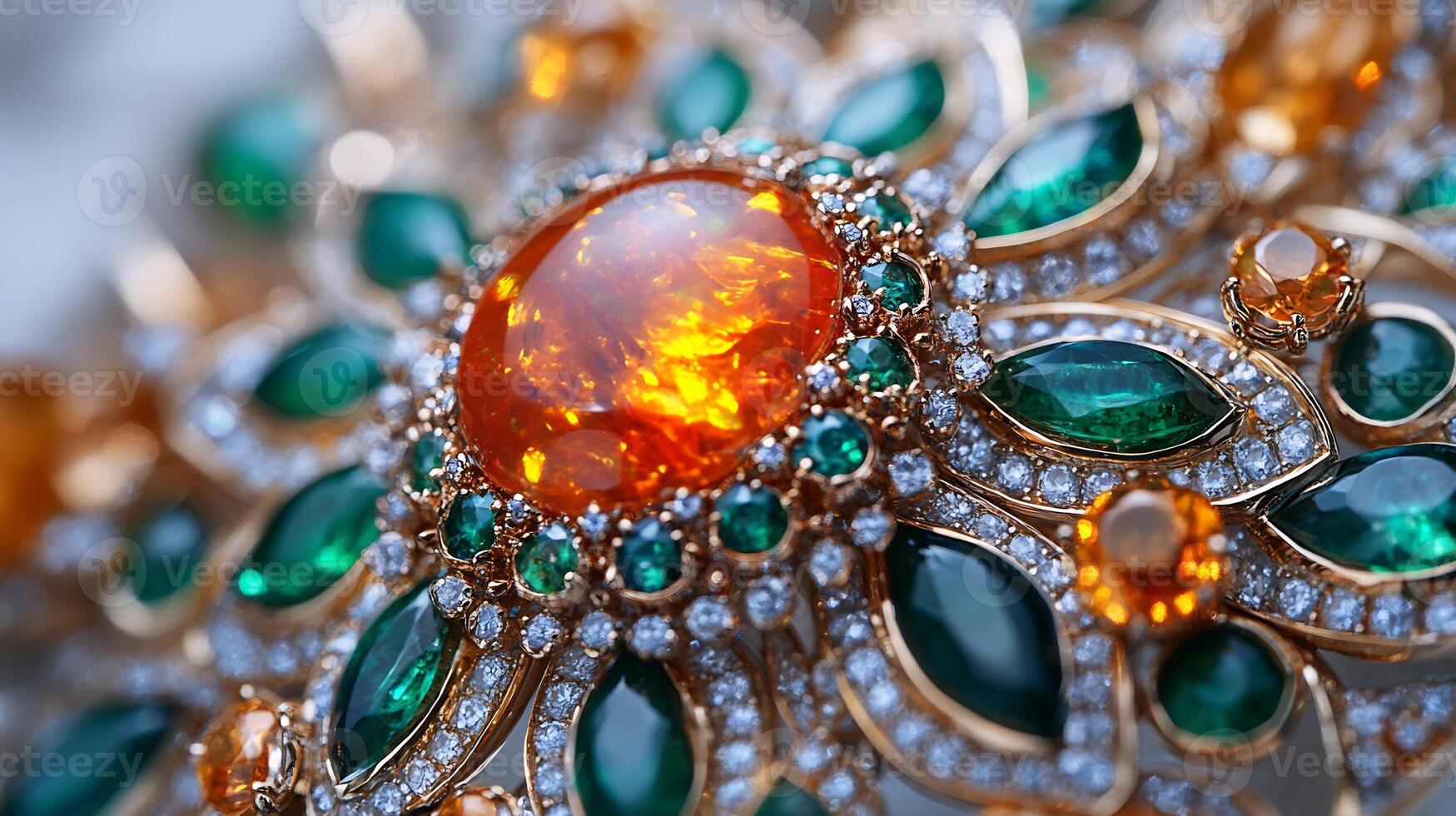 Brooch featuring central fire opal surrounded by emeralds and diamonds closeup shot focusing on the glowing gems set against a white backdrop photo