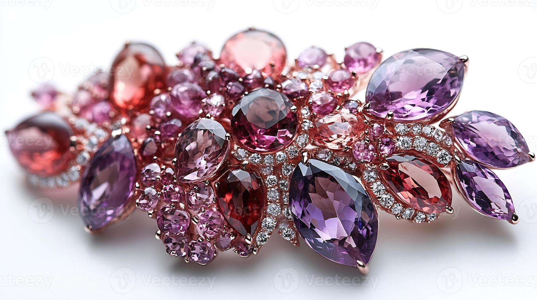 Brooch adorned large tourmalines and amethysts arranged in a cascading pattern closeup shot focusing on the luminous stones against a pure white backdrop photo