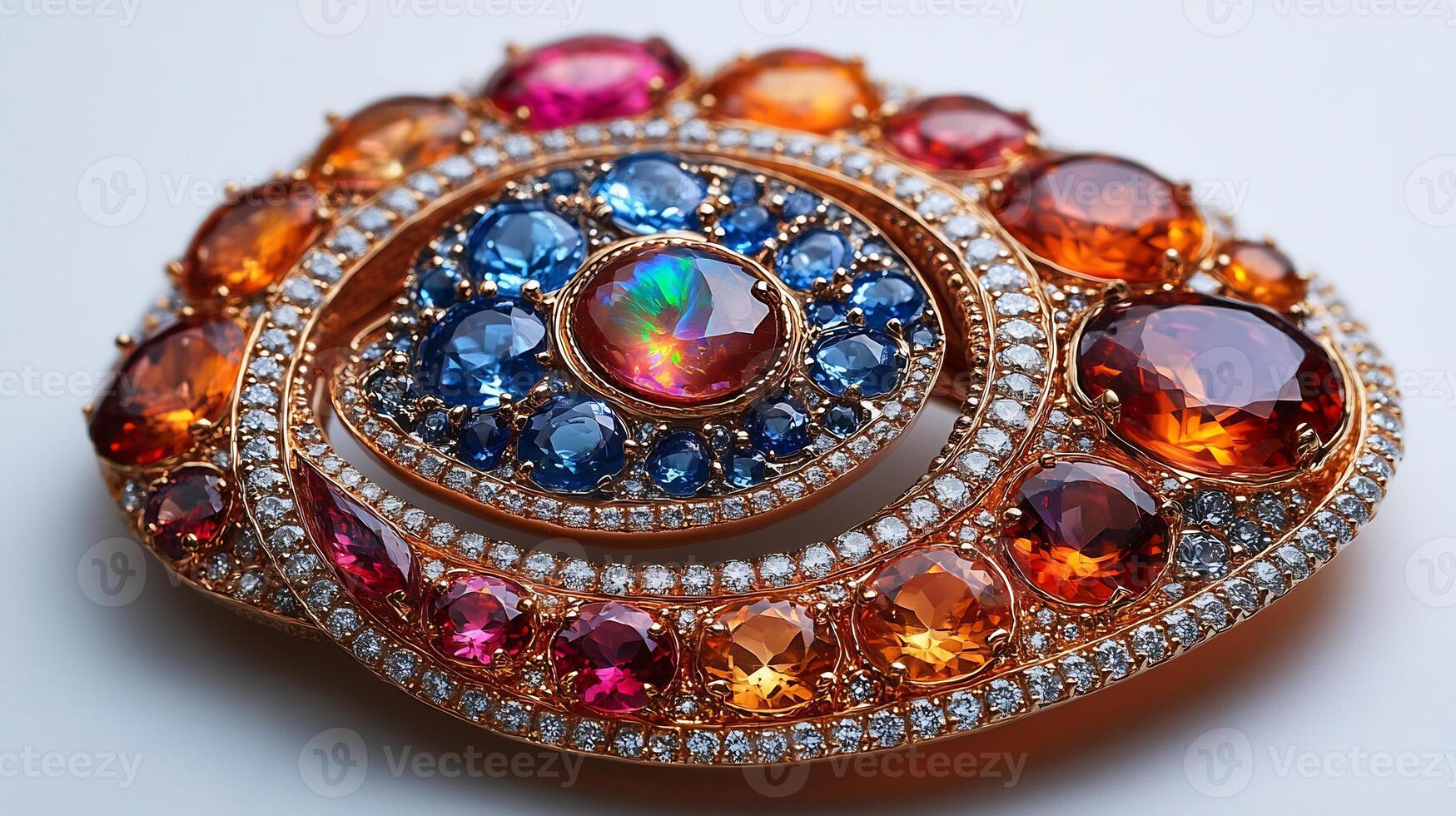 Brooch adorned vivid fire opals and topaz stones arranged in a swirl design closeup field focusing on the gem details on a pure white background photo