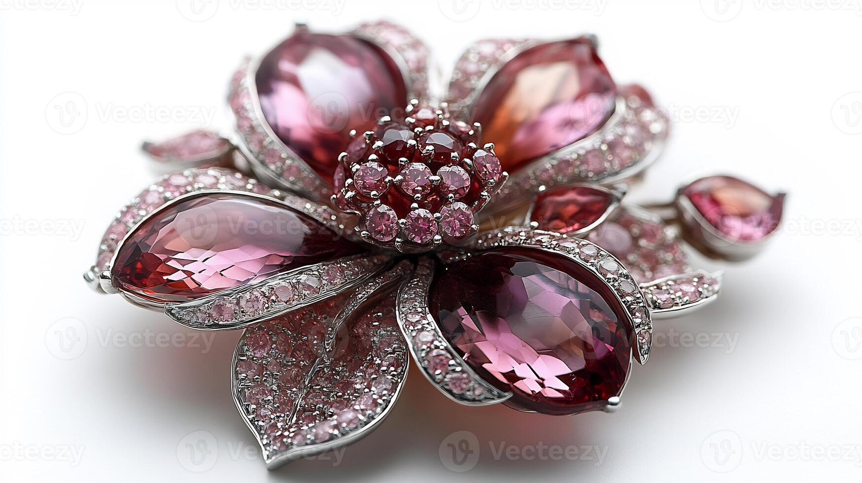 Brooch adorned delicate garnets and pink diamonds arranged in a floral design closeup field highlighting the intricate gemstone textures on a pure white background photo