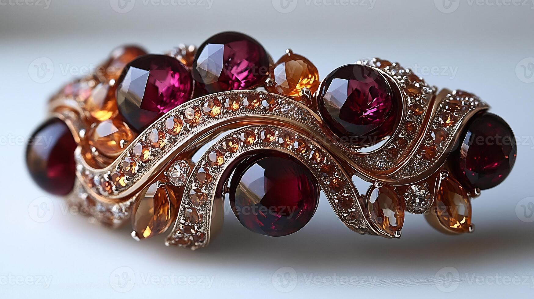 Brooch adorned garnet and citrine gems in a flowing abstract design closeup view emphasizing the luminous stones on a clean white backdrop photo
