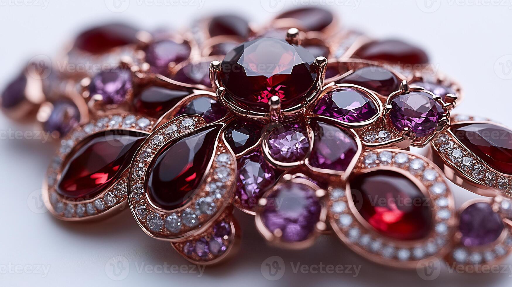 Brooch adorned large garnets and amethysts arranged in an intricate floral pattern closeup shot capturing the radiant stones on a clean white background photo