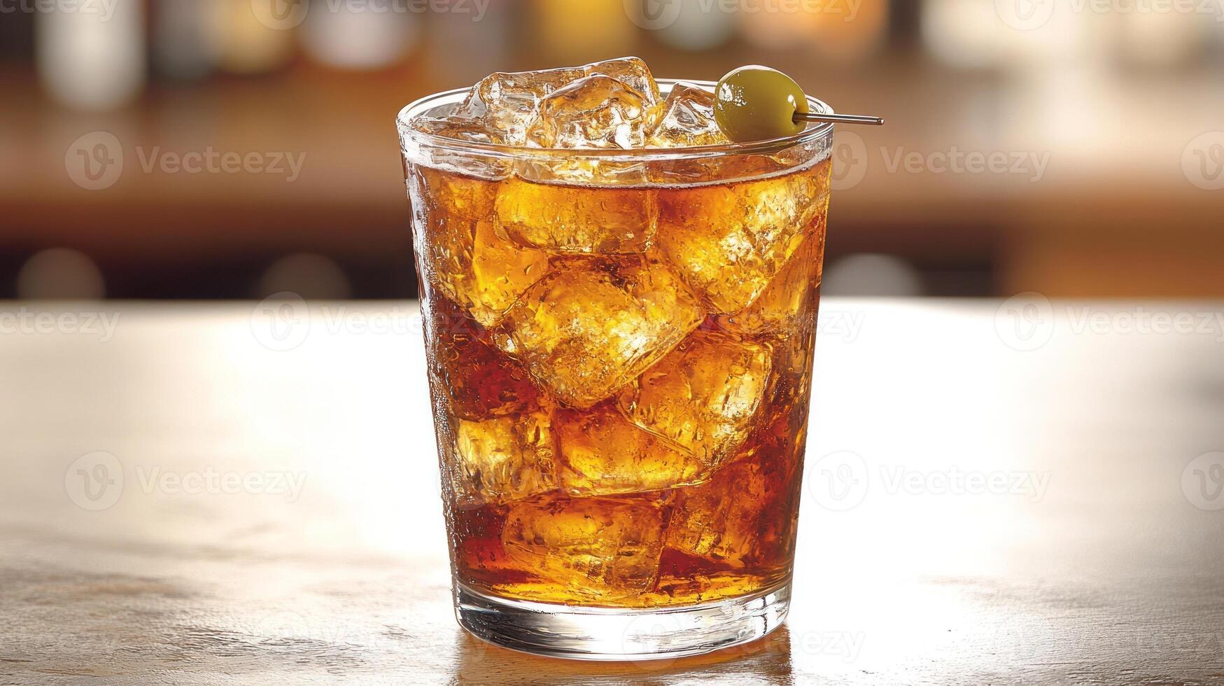 A chilled drink with ice and an olive creates a festive atmosphere in a bar photo